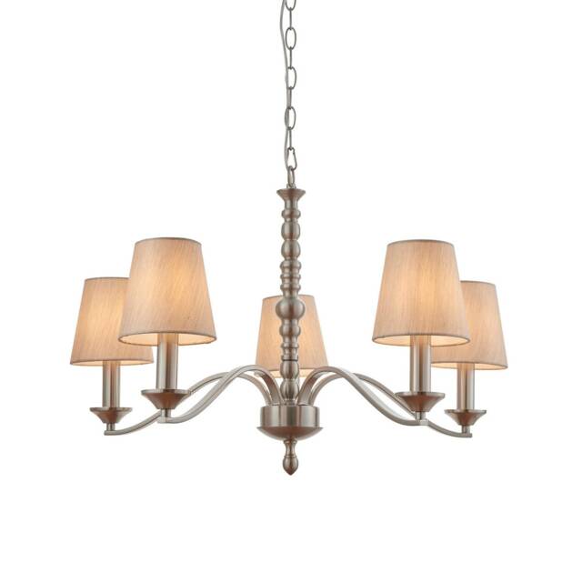 Astaire 5 Light Multi Arm Ceiling Pendant Satin Nickel, Natural Tc Fabric, E14