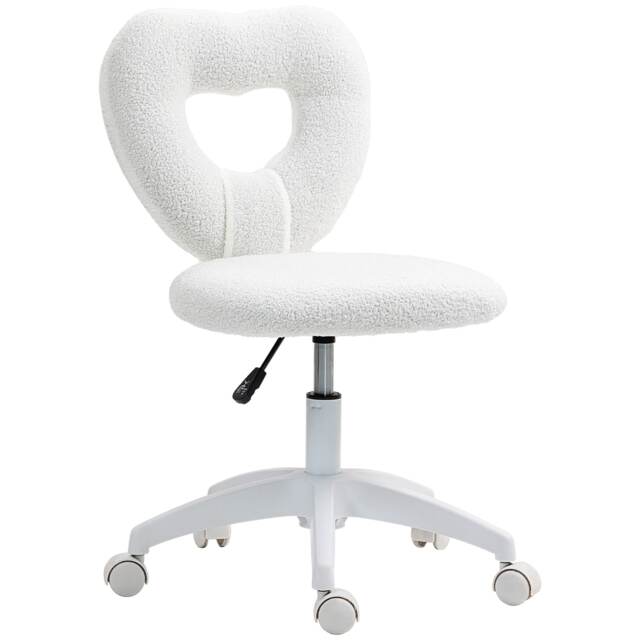 HOMCOM Armless Heart Computer Desk Chair, Teddy Fleece Swivel Office Chair, Makeup Vanity Chair with Height Adjustable, Wheels, for Home Study Bedroom, White White
