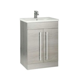 Bathroom 2-Door Floor Standing Vanity Unit with Mid Depth Ceramic Basin 600mm Wide - Silver Oak - Brassware Not Included Brown Brown 1
