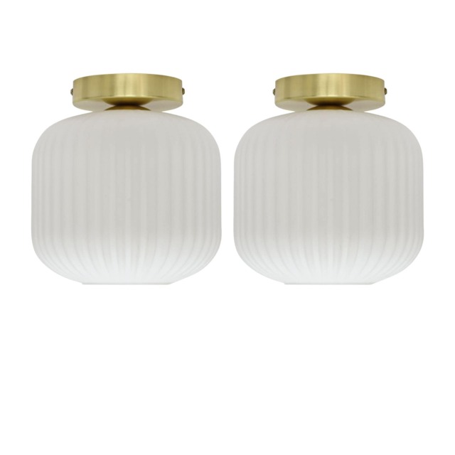 Set of 2 Bento - White Ribbed Glass Satin Brass Ceiling Light Fittings