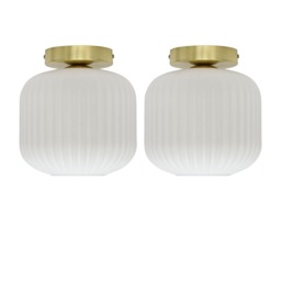 Set of 2 Bento - White Ribbed Glass Satin Brass Ceiling Light Fittings