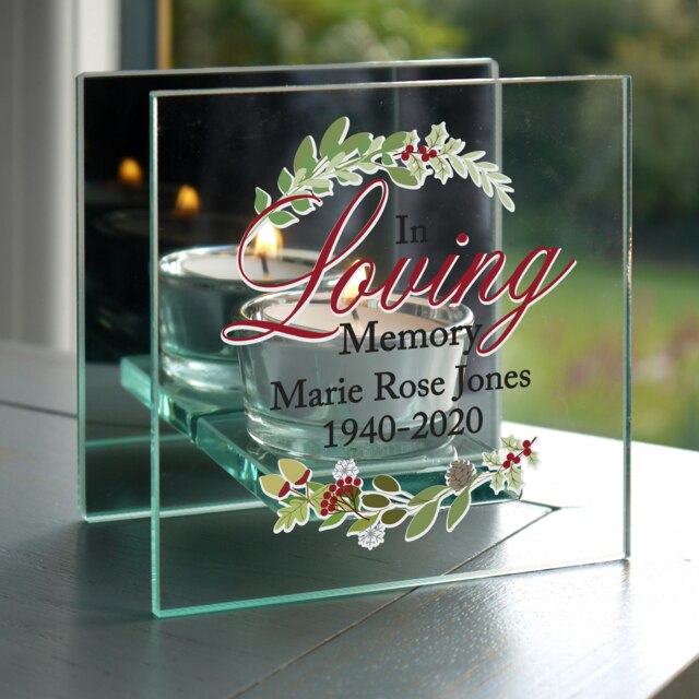 Personalised In Loving Memory Christmas Mirrored Glass Tea Light Candle Holder Clear