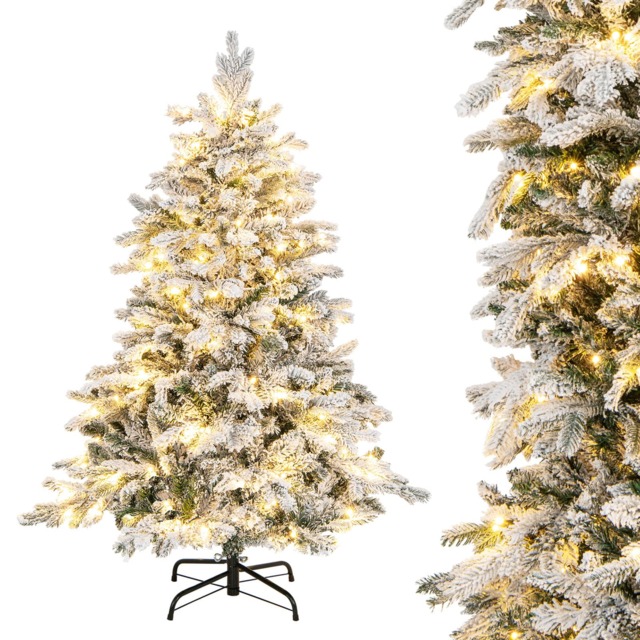 COSTWAY 4.5FT Pre-lit Artificial Christmas Tree Hinged Flocked Xmas Tree with LED Lights