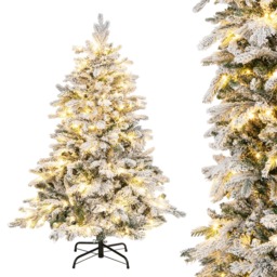 COSTWAY 4.5FT Pre-lit Artificial Christmas Tree Hinged Flocked Xmas Tree with LED Lights