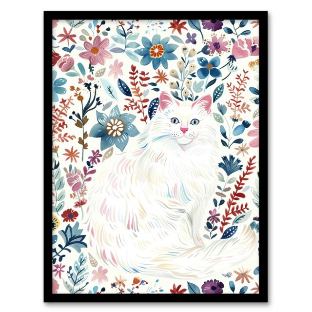 Turkish Angora and Floral Pattern White Cat Lover Black Framed Wall Art Print A4