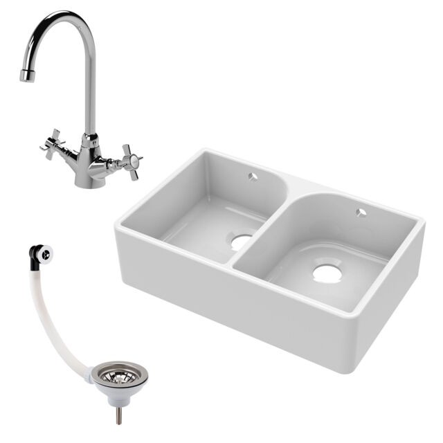 Balterley Fireclay Double Bowl Butler Kitchen Sink - Full Weir with Mono Mixer Tap & Wastes, Ceramic Kitchen Sink & Tap White White