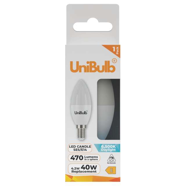 UniBulb LED Candle E14 Small Edison Screw (SES) 470lm 4.2W (Replaces 40W) 6500K (Daylight) Light Bulb - Pack of 1 White Daylight 1