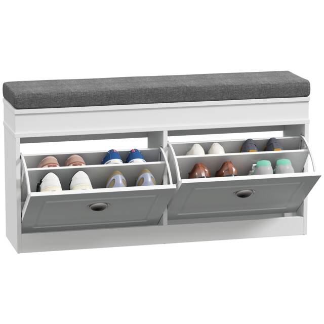 HOMCOM Shoe Storage Bench with Seat Cushion Cabinet Organizer with 2 Drawers White White