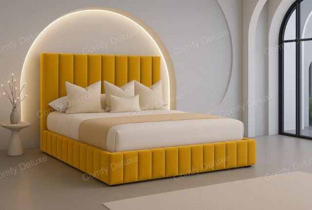 Yellow Mustard 4ft6 Double Plush Velvet Astro Bed Frame Solid Base