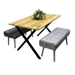 Wooden Brown Dining Table with 2 Grey Velvet Padded Benches, Stylish Dining Room Furniture