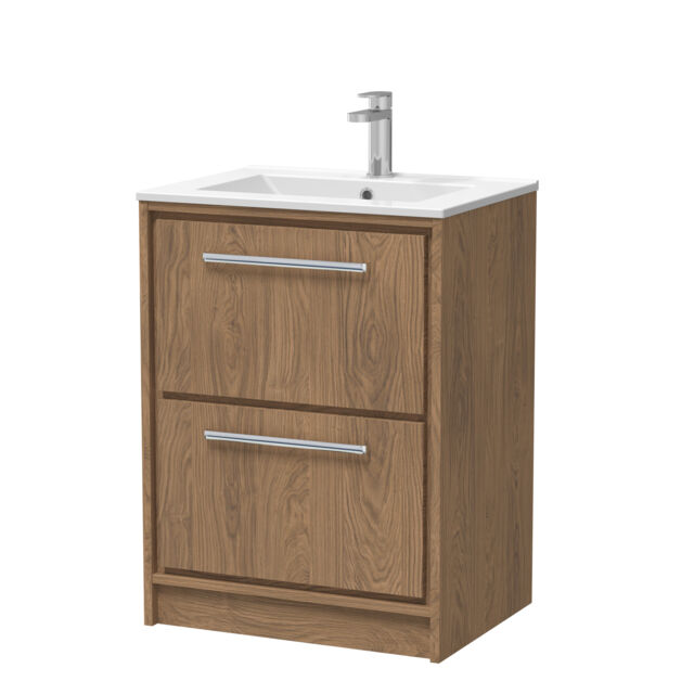 Balterley Longnor 2 Drawer Floor Standing Vanity Unit with 1 Tap Hole Minimalist Basin, Antique Oak, 600mm