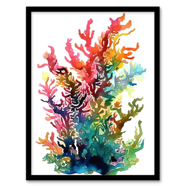 Seaweed Corals Vibrant Watercolour Rainbow Black Framed Wall Art Print A4