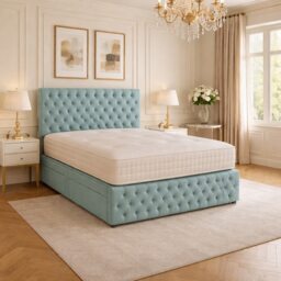 6FT Superking Ice Blue Plush Velvet Divan Bed With Headboard & Footboard and Memory Sprung Mattress 2 Drawers Right Side Laying in Bed