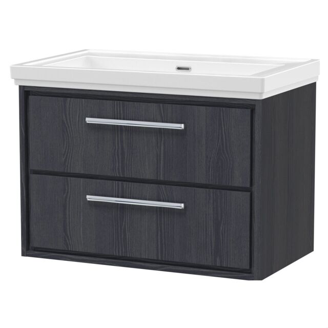Balterley Longnor 2 Drawer Wall Hung Vanity Unit with 0 Tap Hole Traditional Fireclay Basin, Woodgrain Graphite Grey, 800mm