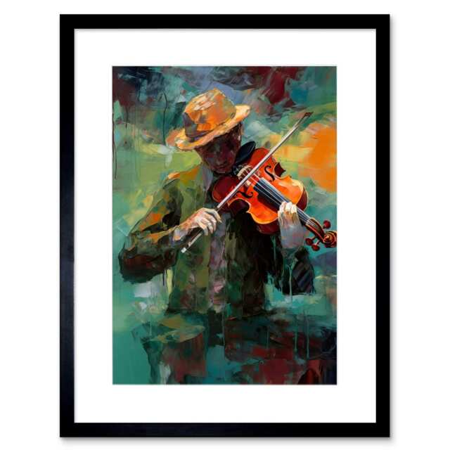 "Violinist a Hat Playing Music his Violin 9x7"" Black Framed Wall Art Print"
