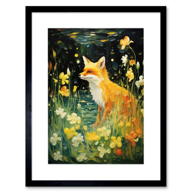 "Fox Dream Floral Dreamscape of Lily Flowers 9x7"" Black Framed Wall Art Print"