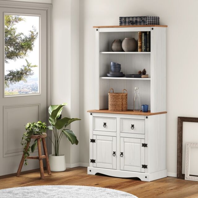 Mercers Furniture Corona White 2 Door Welsh Dresser Buffet Hutch Sideboard Display Cabinet Solid Wood Mexican Pine Wooden