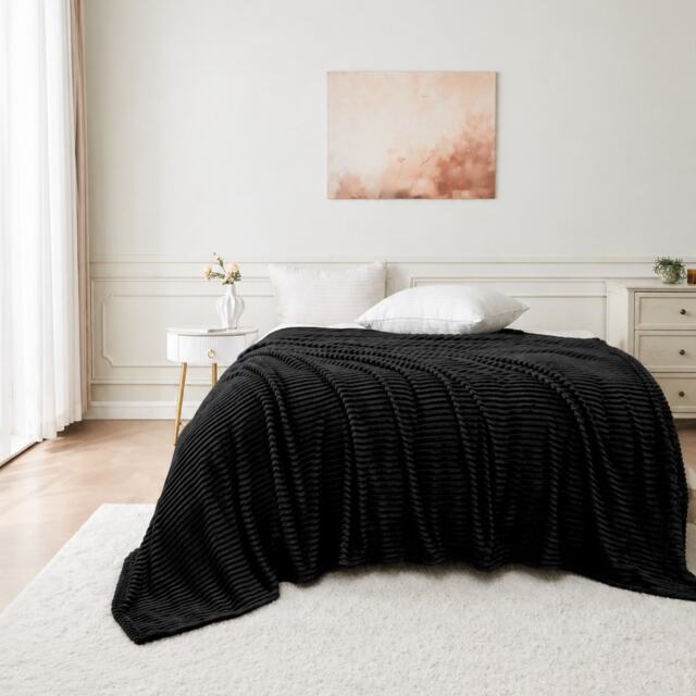 Luxury Supersoft Close Ribbed Fleece Throw Blanket for Bed & Sofa – 200 x 240cm Black