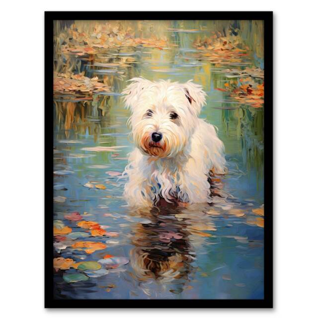 West Highland Terrier Autumn Lake Walk Home Decor Black Framed Wall Art Print A4