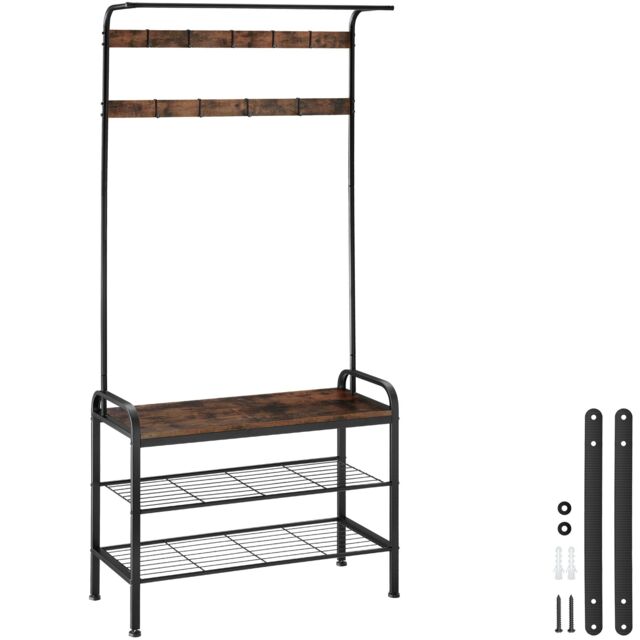 Coat Stand - shoe rack, seat, 2 shelves and 9 coat hooks Brown Industrial wood dark, rustic One Size 1