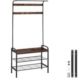 Coat Stand - shoe rack, seat, 2 shelves and 9 coat hooks Brown Industrial wood dark, rustic One Size 1