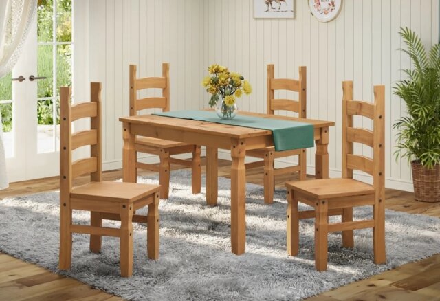 Mercers Furniture Corona 4'0 Dining Table & 4 Chairs Dining Set Solid Wood Pine Wooden Kitchen with Mexican Styling
