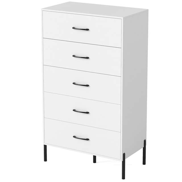COSTWAY 5 Drawer Dresser Modern Tall Chest of Drawers with Metal Legs White