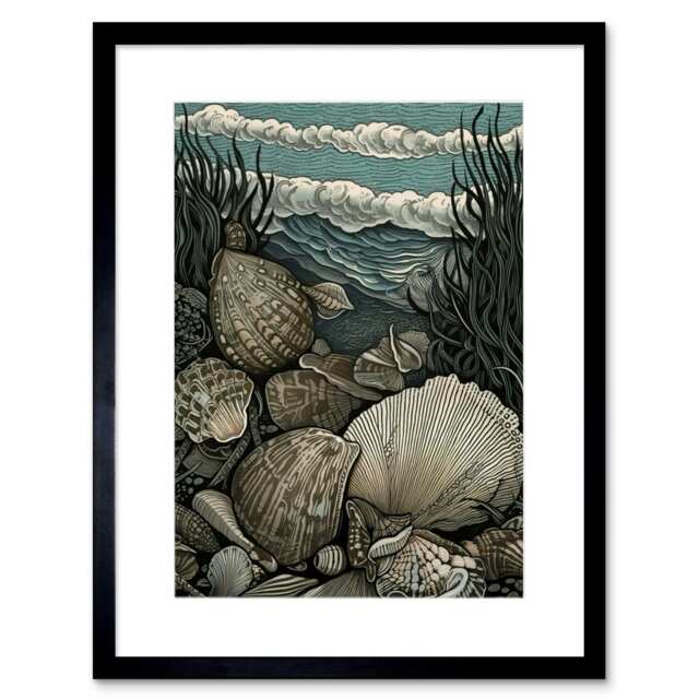 "Seashells by Shore Modern Coastal 9x7"" Black Framed Wall Art Print"