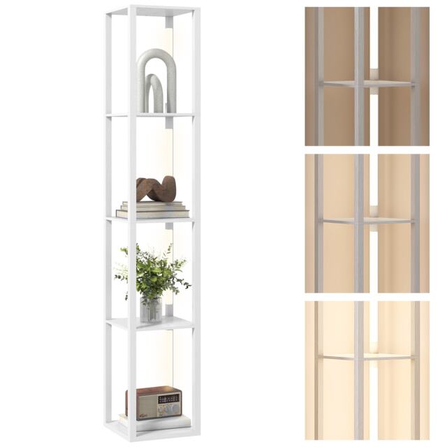 HOMCOM LED Floor Lamp with Shelves, Modern Dimmable Standing Lamp with 3 Brightness Levels and Foot Switch for Living Room, Bedroom, Office, White White
