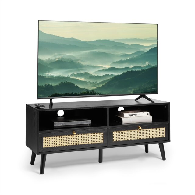 VonHaus Whitworth 2 Drawer Black and Cane TV Unit Black 1