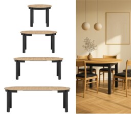 Round Dining Table Extendable Oval Oak Effect Top Black Legs Kitchen Seater 4 6 8 10 12 Extending from 105cm to 240cm Indus