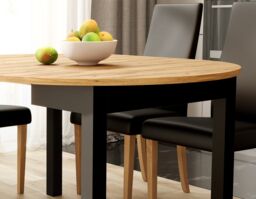 Round Dining Table Extendable Oval Oak Effect Top Black Legs Kitchen Seater 4 6 8 10 12 Extending from 105cm to 240cm Indus