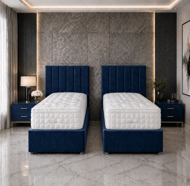 5ft Kingsize Zip Link 6x3 Length Blue Plush Divan Bed Full Set No Drawers