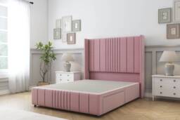 Sloomy Hargrave Pink Plush Divan Bed Base No Drawers With 54 Inch Wingback Headboard & 12 Inch Matching Footboard Pink Pink King 1