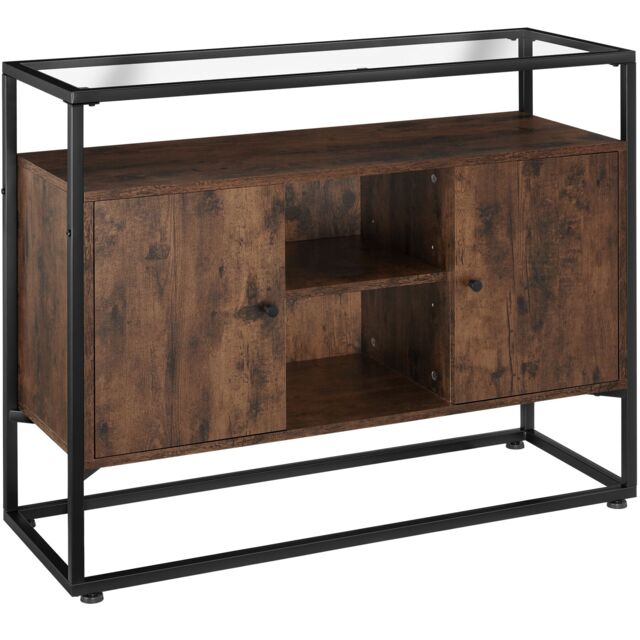Sideboard Oldham - glass top, open shelves, 2 storage compartments Brown Industrial wood dark, rustic 100 x 38 x 80,50 cm 1