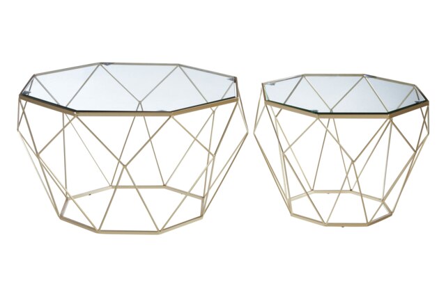 Orsina Geometric Set Of 2 Clear Glass Tables, Iron Frame Side Table By Couch, Champagne Finish Lounge Table