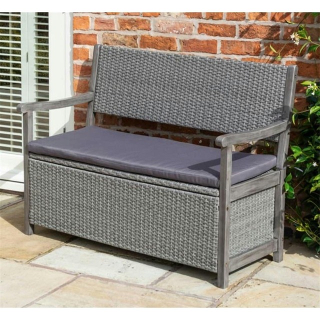2 Seater Hardwood Timber Framed Rattan Weave Garden Bench - Grey (4ft x 2ft)