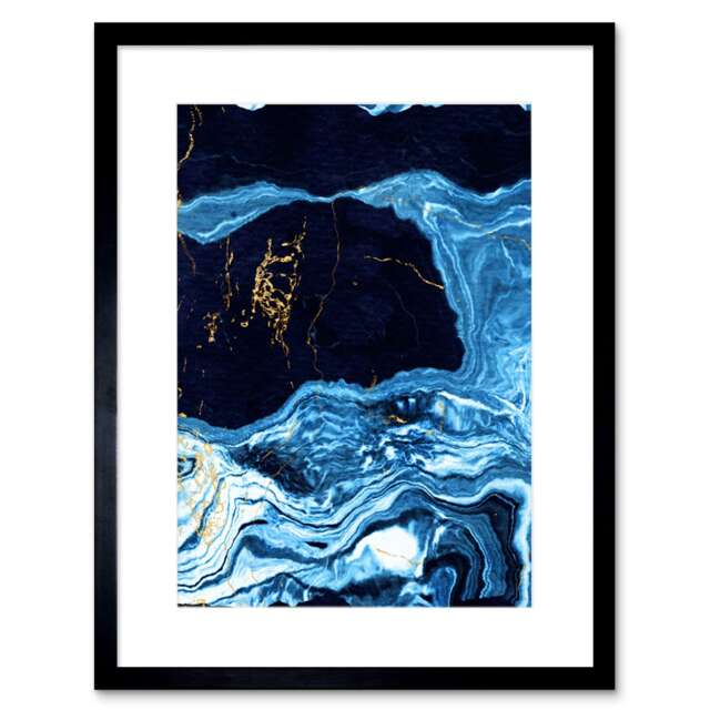 "Abstract Coastal Landscape Dark Blue Gold Fluid Paint 9x7"" Black Framed Wall Art Print"