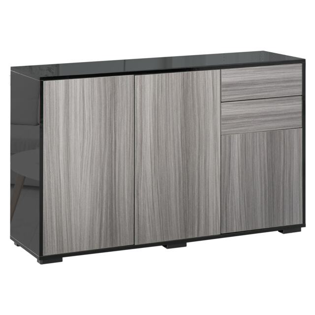 HOMCOM High Gloss Frame Side Cabinet with 2 Door and 2 Drawer, Grey Black Grey Grey