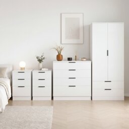 Vida Designs Trega 4 Piece Bedroom Set (3 Drawer Bedside Chest x2, 4 Drawer Chest, 2 Door 2 Drawer Wardrobe) White