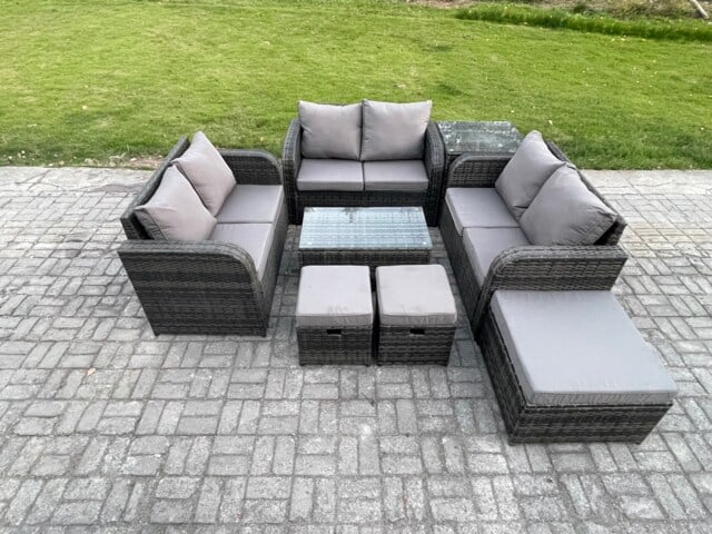 Fimous Outdoor Garden Furniture Sets 9 Seater Wicker Rattan Furniture Sofa Sets with Rectangular Coffee Table Love Sofa 3 Footstools Side Table Dark Grey Mixed