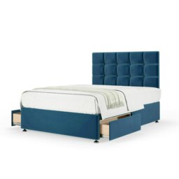Neptune Spring Blue Plush Velvet 2 Drawer Divan Set And Pearl Headboard Small Double
