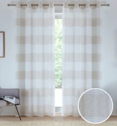 Pair of Santorini Natural Linen Look Stripe Panels with Eyelet Header 229CM