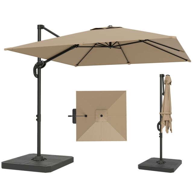 Outsunny 2.4 x 2.4 m Cantilever Parasol w/ Umbrella Weights, Khaki Brown Khaki 310 x 244 x 257 cm
