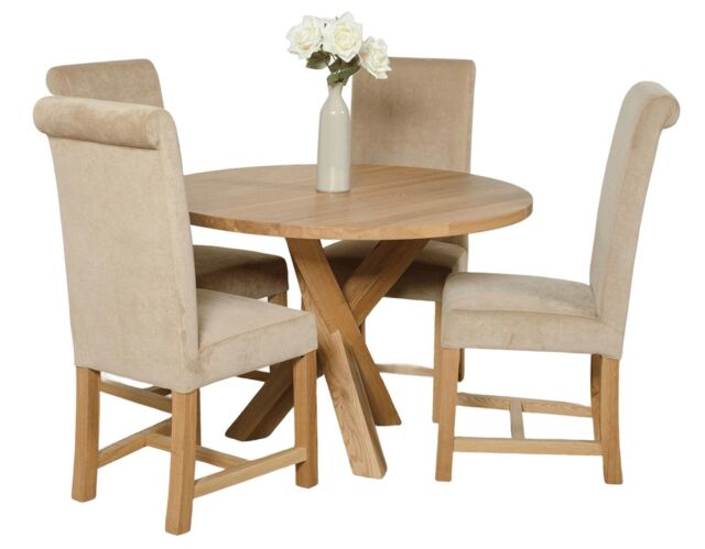 Oregon Round Oak Dining Table and 4 Washington Fabric Chairs Brown Beige 1