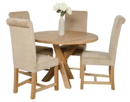 Oregon Round Oak Dining Table and 4 Washington Fabric Chairs Brown Beige 1