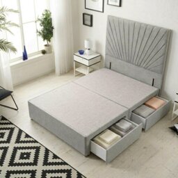 Sunburst Divan Bed with 2 Drawers & 54'' Floor Standing Headboard Tweed Fabric Grey Grey