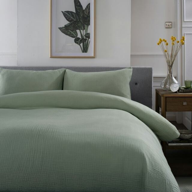 St Quentin 100% Cotton Double Gauze Duvet Cover Set - Soft & Breathable Bedding - 180 Thread Count Green Green Super King
