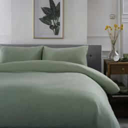 St Quentin 100% Cotton Double Gauze Duvet Cover Set - Soft & Breathable Bedding - 180 Thread Count Green Green Super King
