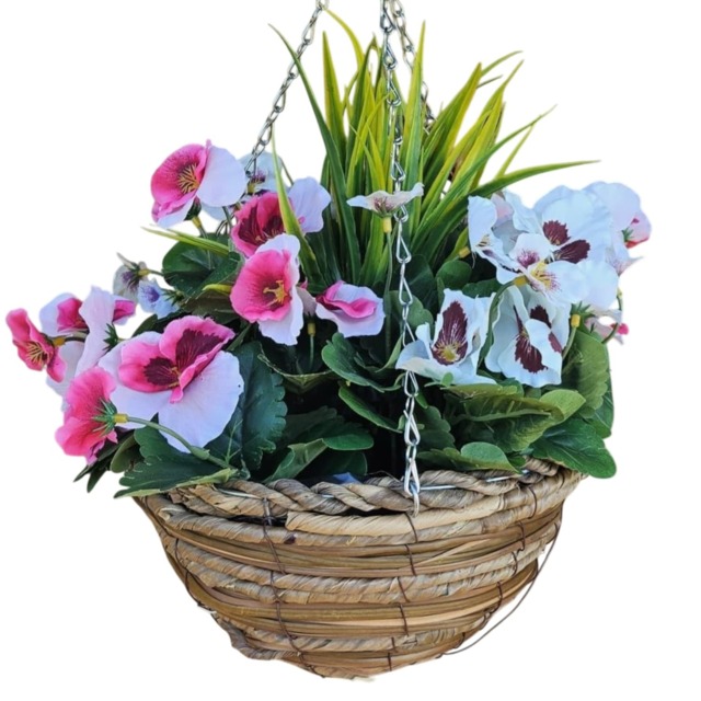 Best Artificial Pink & White Pansy Flower with Woven Decorative Hanging Basket for Indoor or Outdoor Use Pink Pink & White 1